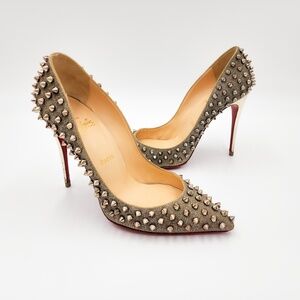 Christian Louboutin Pigalle Follies Silver Glitter Spiked Pumps Heels EU 38.5